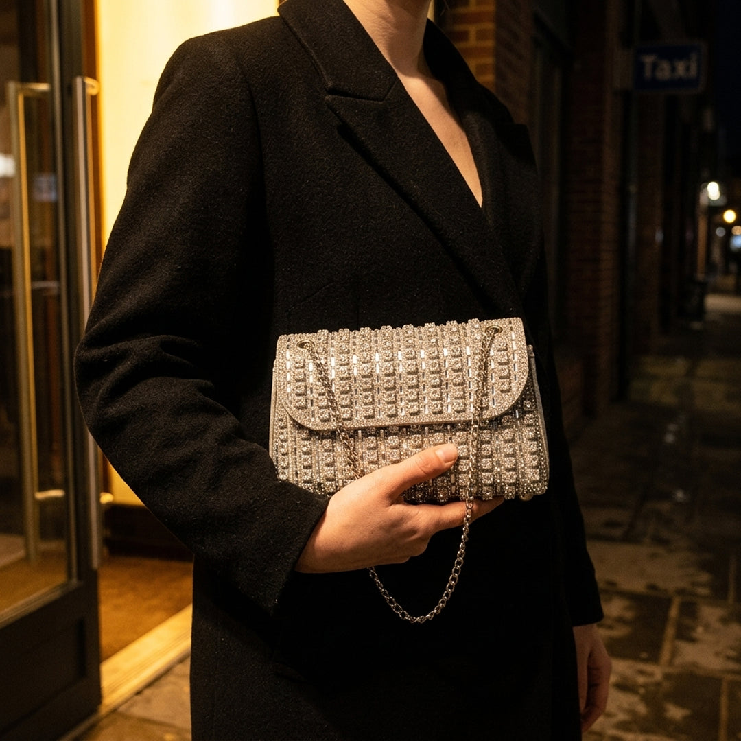 Sterling Crystal Grid Clutch