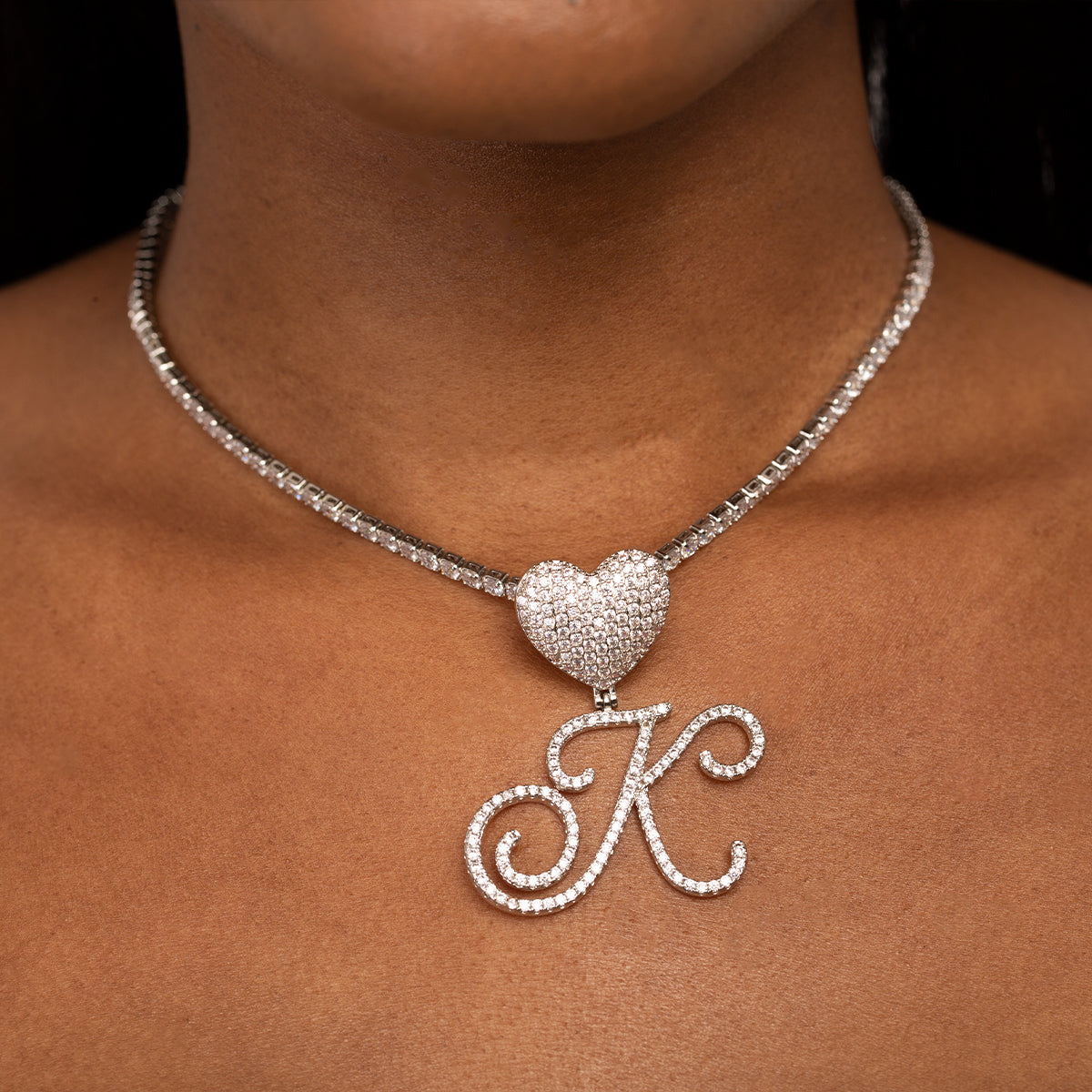 18k Initial Heart Tennis Chain Cursive Letter good K - Silver